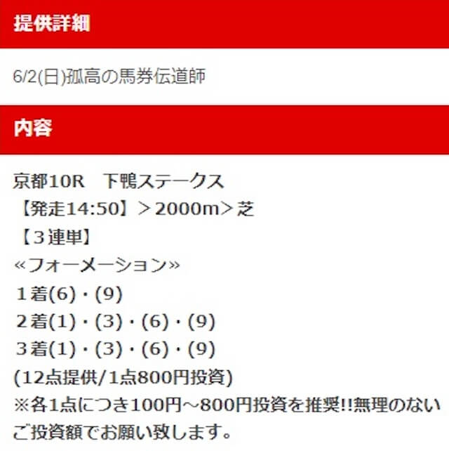 トルネード有料予想　京都10R 06月02日