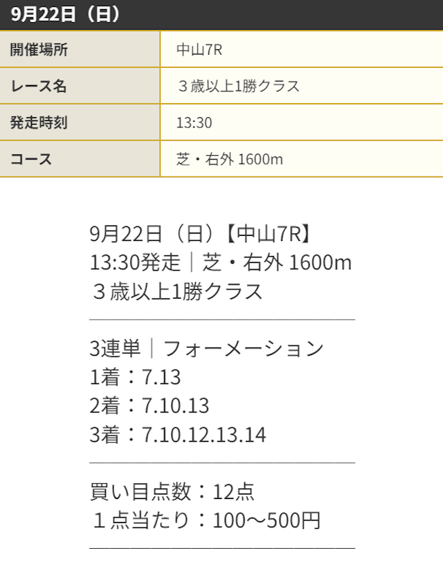 競馬予想サイトディバインの09月22日中山07Rの有料予想「Wicの囁き」の買い目