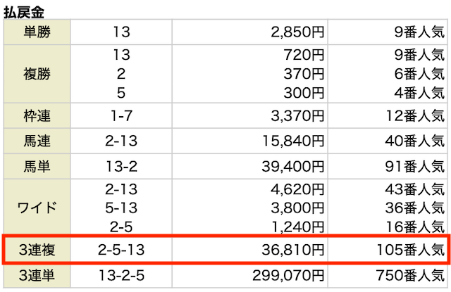 3連複。2-5-13。36,810円。105番人気。