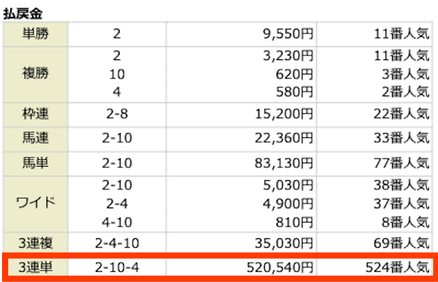 2-10-4。520,240円。524番人気。