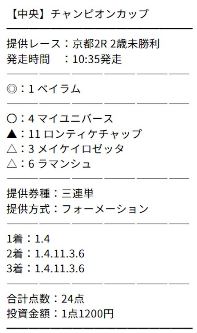 ウマ1グランプリの11月16日の有料予想「チャンピオンカップ」の買い目