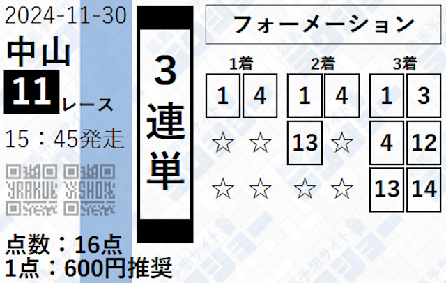 ラクショー有料予想の買い目2024年11月30日中山11R