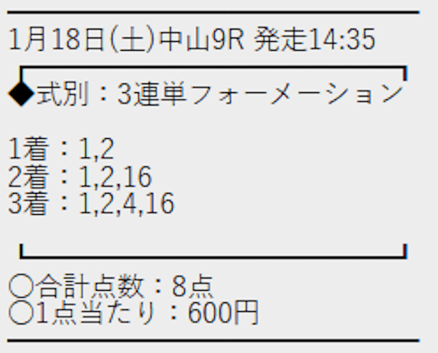 競馬予想サイトアナログの1月18日の有料予想買い目