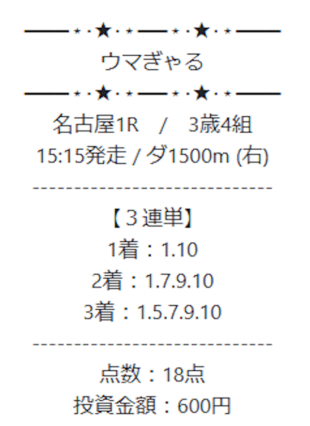 2025年01月27日名古屋01R ウマぎゃる有料予想買い目