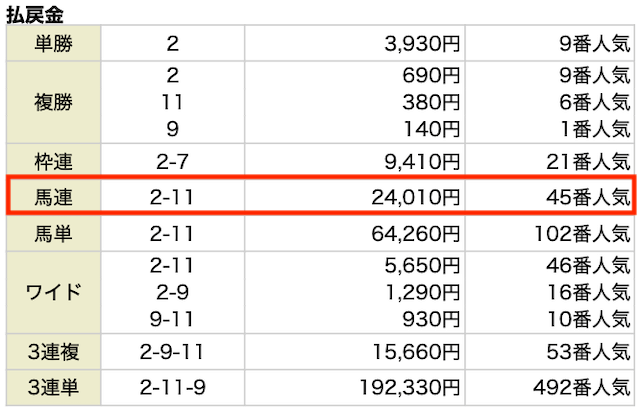 ②-⑪。24,010円。45番人気。