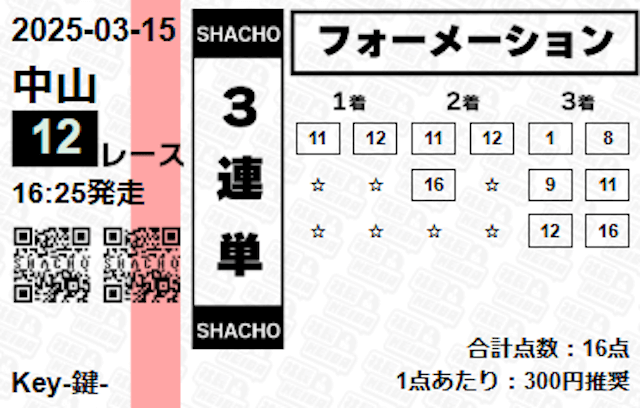 社長KEIBAの有料予想「-Key-鍵」の2025年3月15日の買い目