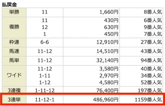 ⑪−⑫−①。486,960円。1,159番人気。